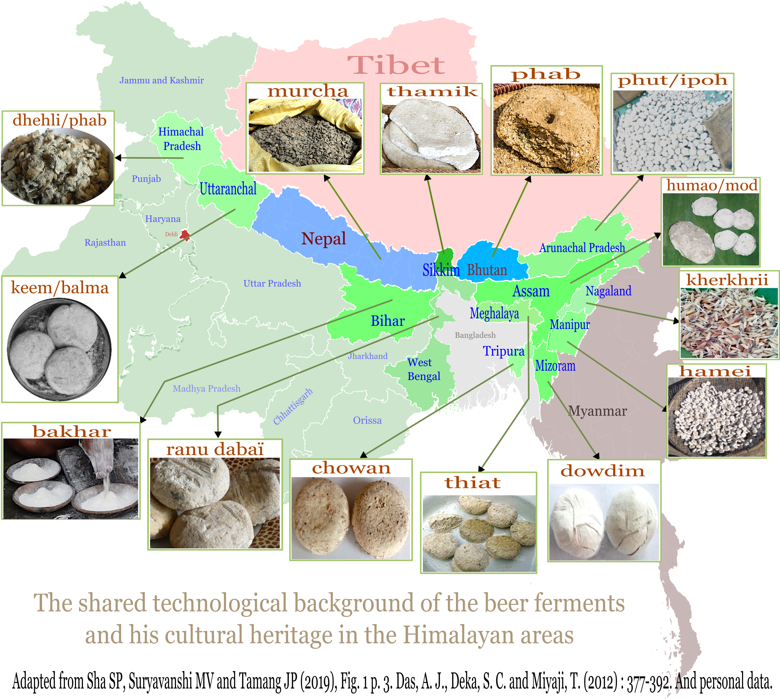 Map of the traditional beer ferments used today in the Himalayan regions